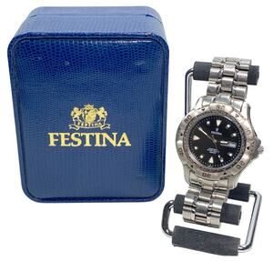 Vintage Festina 8811 Diver Watch Day Date Black Dial Stainless Steel WR 100M Box